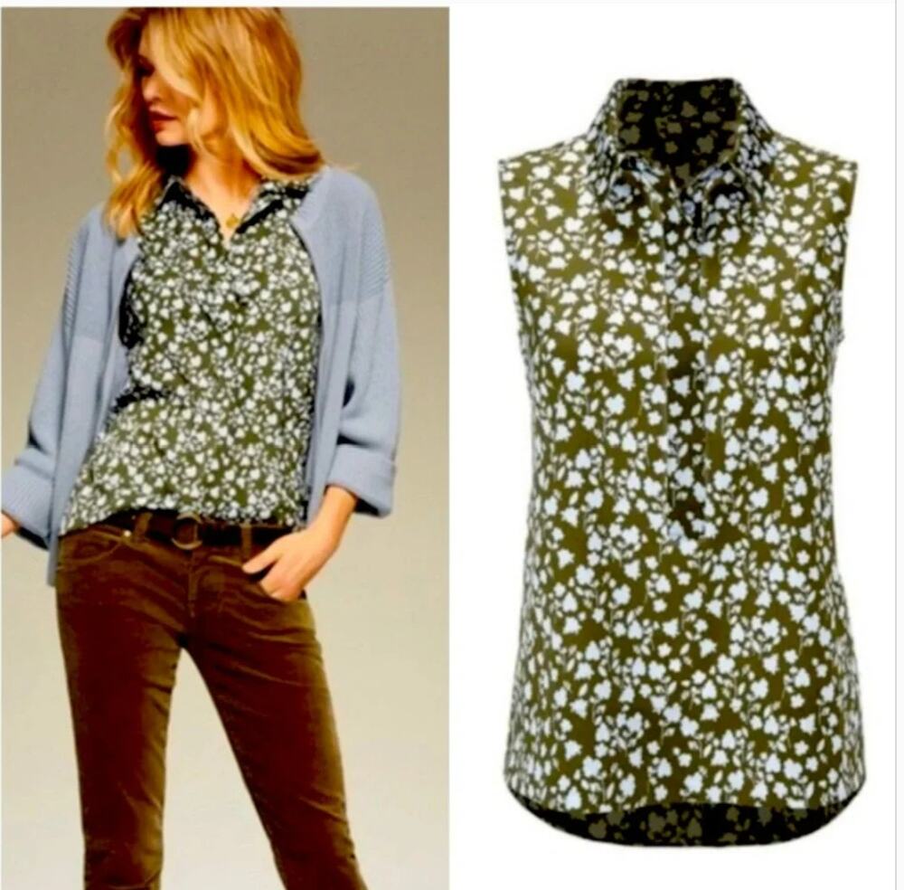 Cabi Keepsake Blouse Medium Olive Green Blue Floral Sleeveless Button Front
